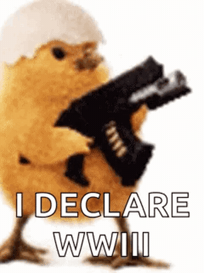 Helmeted Chicken Holding Gun Declares WWIII GIF