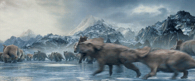 Herd Of Elephants Running Across Frozen Lake GIF