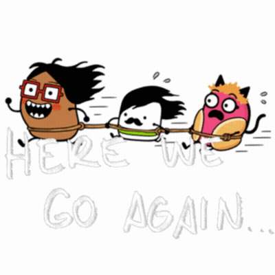 Here We Go Again Cartoon Characters Pulling Each Other GIF