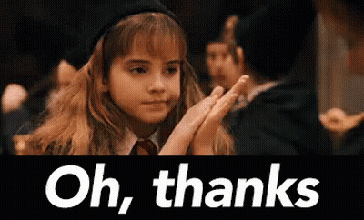 Hermione Granger From Harry Potter Is Clapping Her Hands In Front Of A Sign That Says `` Oh , Thanks '' . GIF