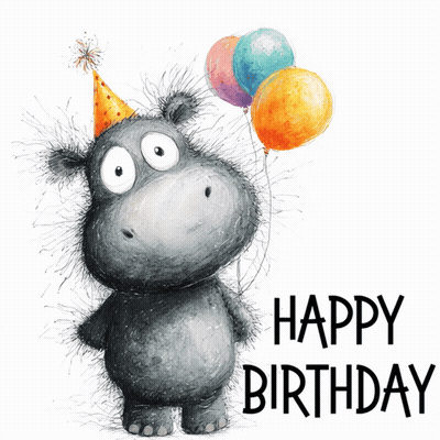 Hippo Holding Three Balloons Happy Birthday GIF