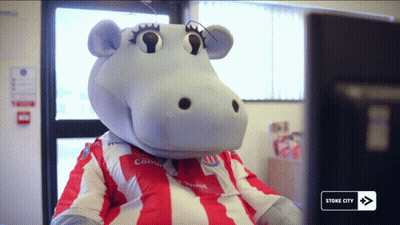 Hippo Mascot At Computer Stone City Sign GIF