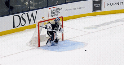 Hockey Goalie In Front Of DSW Sign GIF