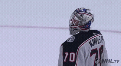 Hockey Goalie In Helmet And Jersey Number 20 GIF