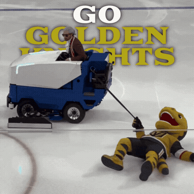 Hockey Mascot Laying On Ice Next To Machine Saying Go Golden Lights GIF