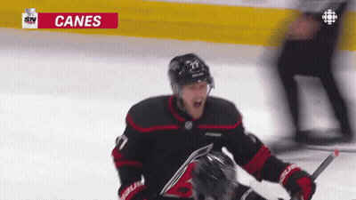 Hockey Player Celebrating Goal With Canes Advertisement GIF