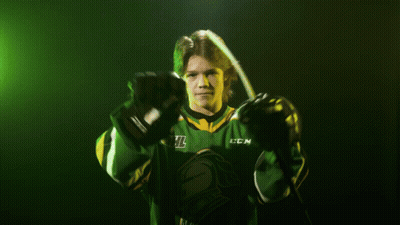 Hockey Player In Green And Yellow CCM Jersey Holding Hockey Stick GIF