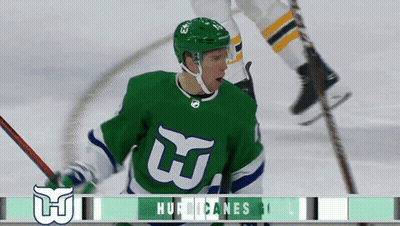 Hockey Player In Green Hurricanes Jersey Holding Stick GIF
