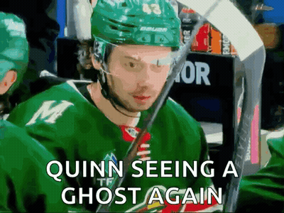 Hockey Player In Green Jersey Saying Quinn Sees Ghost GIF