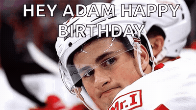 Hockey Player In Helmet And Jersey Saying Hey Adam Happy Birthday GIF