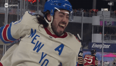 Hockey Player In New York Jersey Celebrates Goal GIF