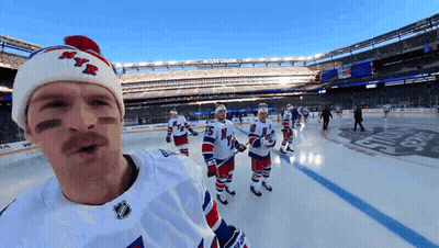 Hockey Player In NYR Hat On Ice With Teammates GIF