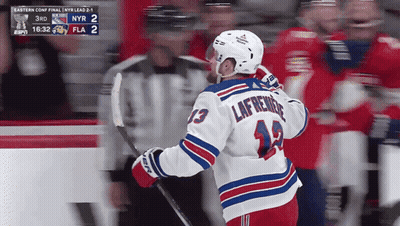 Hockey Player In Rangers Jersey Celebrates Goal GIF
