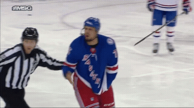 Hockey Player In Rangers Jersey Talking To Referee GIF