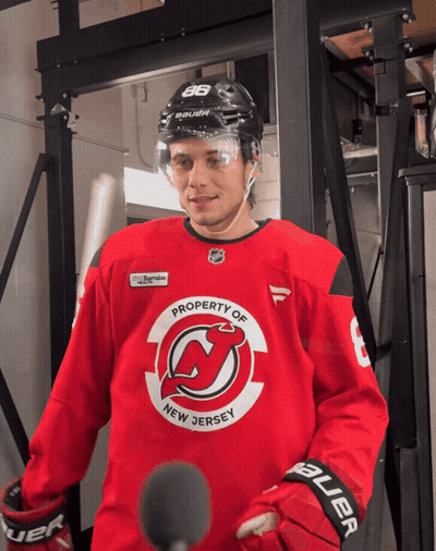 Hockey Player In Red Jersey Saying Property Of New Jersey GIF