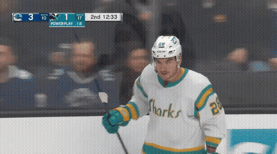 Hockey Player In Sharks Jersey Holding Puck GIF