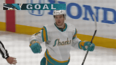 Hockey Player In Sharks Jersey Holding Stick GIF
