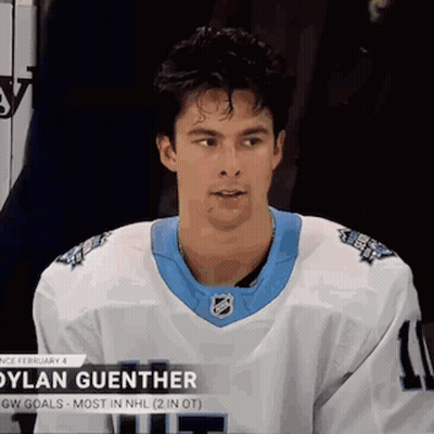 Hockey Player In White And Blue Jersey Sitting In Stands GIF