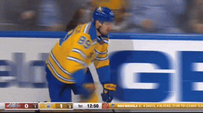 Hockey Player In Yellow And Blue Uniform Number 85 GIF