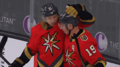 Hockey Player Number 19 Hugs Another Player GIF
