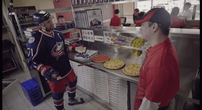 Hockey Player Talking To Pizza Maker GIF