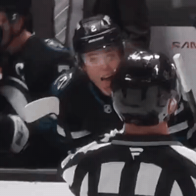 Hockey Player Talking To Referee On Bench GIF