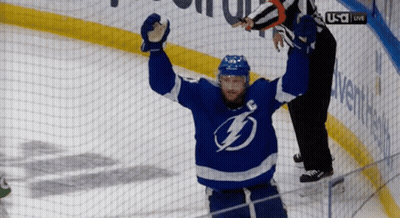 Hockey Player With Lightning Bolt Jersey Celebrating GIF