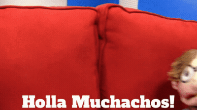 Holla Muchachos Is Written On A Red Couch GIF