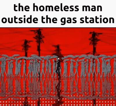 Homeless Man Standing Before Umbrella Row GIF