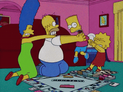 Homer Simpson And Bart Simpson Playing Monopoly In A Living Room GIF