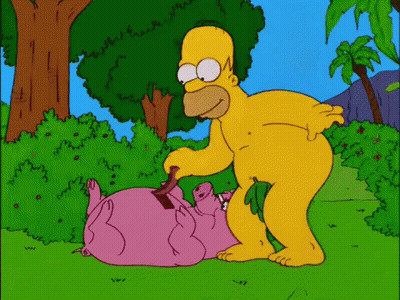 Homer Simpson Brushes A Pink Pig 'S Butt With A Brush GIF