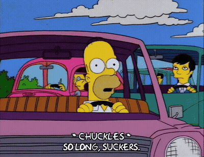 Homer Simpson Driving Pink Car Saying Chuckles So Long Suckers GIF