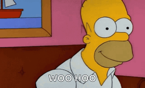 Homer Simpson From The Simpsons Is Sitting On A Couch And Smiling With The Words Woo Hoo Below Him . GIF