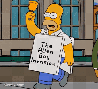 Homer Simpson Holding Bell And Alien Boy Invasion Sign GIF
