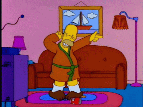 Homer Simpson Is Dancing In A Living Room With A Picture Of A Boat On The Wall . GIF