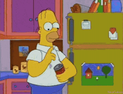 Homer Simpson Is Holding A Can Of Tomato Sauce In His Hand In Front Of A Refrigerator . GIF