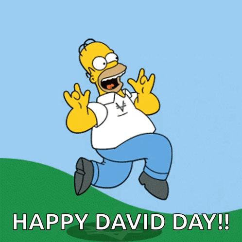 Homer Simpson Is Jumping In The Air With The Words Happy David Day Below Him GIF