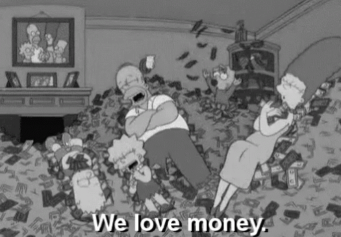 Homer Simpson Is Laying On A Pile Of Money With His Family . GIF