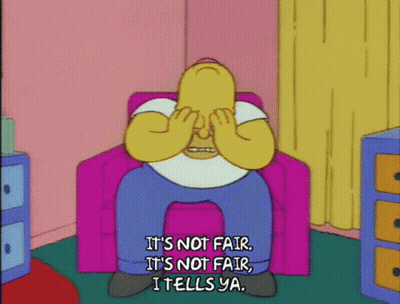 Homer Simpson Is Sitting In A Pink Chair With His Hands On His Face And Says It 'S Not Fair GIF