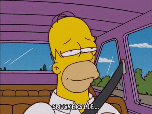 Homer Simpson Is Sitting In The Back Seat Of A Car With A Seat Belt On And Says Snickers Pie GIF