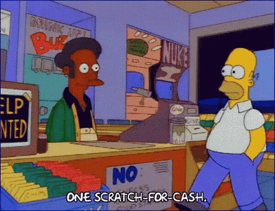 Homer Simpson Is Standing In Front Of A Counter With A Sign That Says " No Scratch For Cash " GIF
