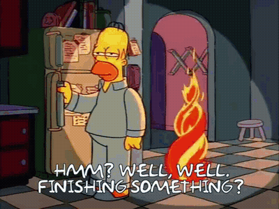 Homer Simpson Is Standing In Front Of A Refrigerator With The Words " Hmm Well Well Finishing Something " Written Below  GIF