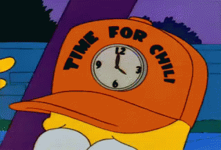 Homer Simpson Is Wearing A Hat That Says Time For Chili GIF