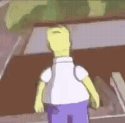 Homer Simpson Is Wearing A White Shirt And Purple Pants And Is Standing In Front Of A Building . GIF
