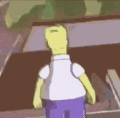 Homer Simpson Is Wearing A White Shirt And Purple Pants And Standing In Front Of A Wall . GIF