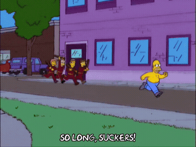Homer Simpson Saying So Long Suckers In Front Of Purple Building GIF
