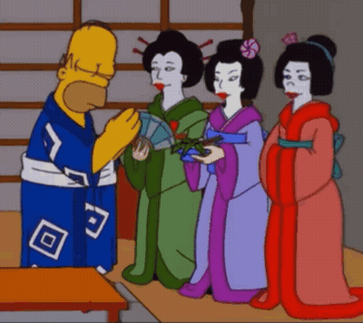 Homer Simpson Standing Next To Three Geishas In Kimonos GIF