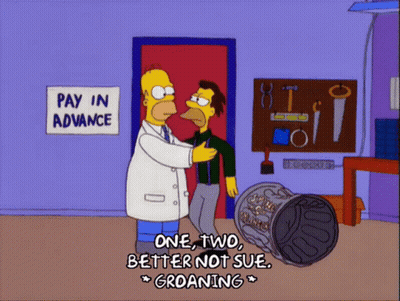 Homer Simpson Talking To A Man In Front Of A Sign That Says " Pay In Advance " GIF