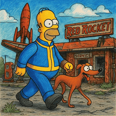 Homer Simpson Walking Dog In Front Of Red Rocket GIF