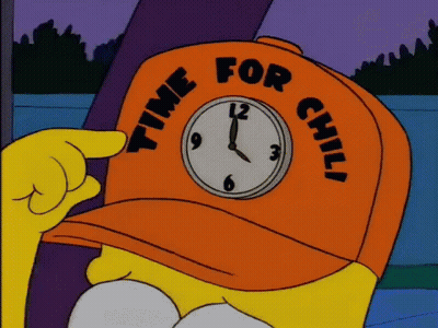 Homer Simpson Wears An Orange Hat That Says Time For Chili GIF